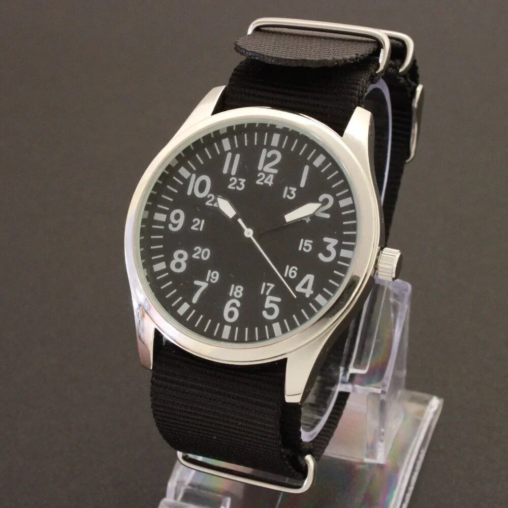 Men's Quartz Field Watch Silver Tone Case Black Military Strap 42mm